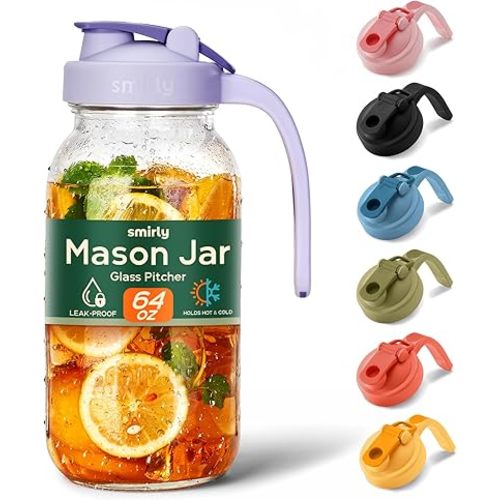 SMIRLY 64 oz Mason Jar Pitcher,Glass Pitcher with Wide Mouth,Water Jug with Double Leak Proof Lid for Iced Coffee,Hot Water,Breast Milk