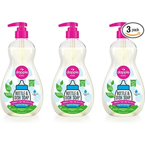Dapple Baby, Bottle and Dish Soap Dish Liquid Plant Based Hypoallergenic 1 Pump Included, Packaging May Vary, Fragrance Free, 16.9 Fl Oz (Pack of 3)