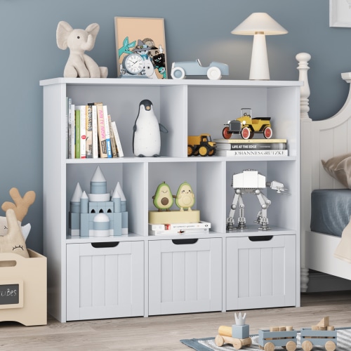 Homfa Toy Storage Organizer with 3 Movable Drawers, 5 Cube Kids Bookcase for Playroom, Storage Cabinet for Living Room, Gray Finish