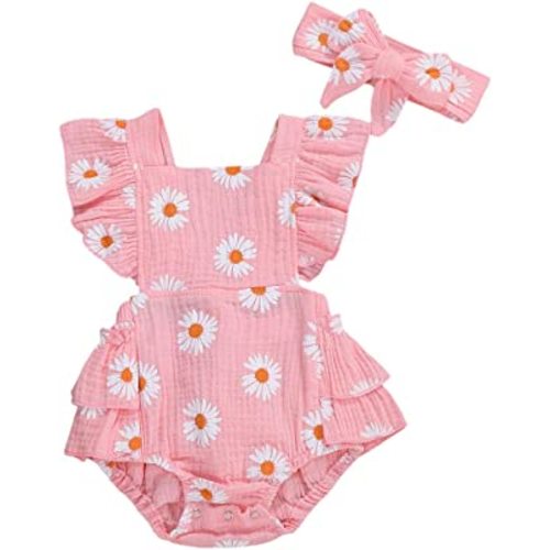 Infant Baby Girl Summer Outfit Clothes Sleeveless Smocked Cotton Linen Romper with Headband