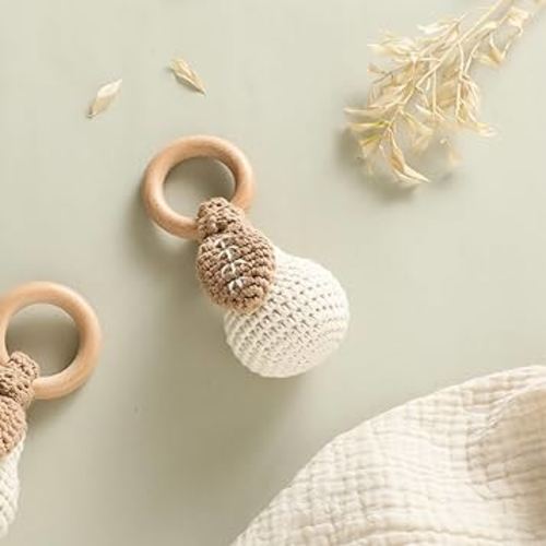Wooden Baby Rattle Crochet Pear Baby Toy Handmade Newborn Toy Early Development Grip Organic Rattle (Pear)