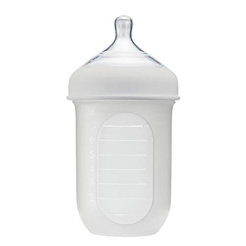 Boon Nursh Reusable Silicone Baby Bottle with Collapsible Silicone Pouch Design - Everyday Baby Essentials - Stage 2 Medium Flow Baby Bottles - Gray - 8 Oz