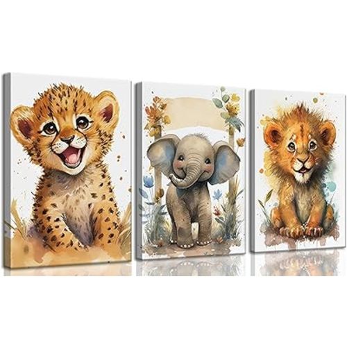 HKMXCD 3Pcs Baby Safari Animal Canvas Wall Art watercolor Animal Wall Decor Picture Lovely Jungle Animal Painting artwork Kids Room Prints for Boy Girl Room Home decoration,12x16in