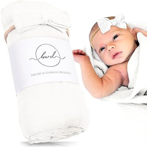 Premium Swaddle Blanket by BWD - Bamboo Viscose & Organic Cotton - Baby Girl Swaddle Set for Newborns and Infants, Muslin Baby Blanket - Ultra-Soft Luxury, 47 Inches (Warm White)