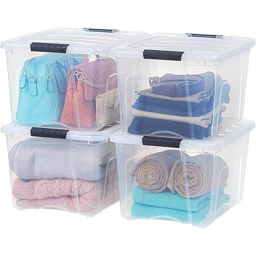 Stackable Plastic Storage Bins with Lids, 4 Pack - BPA-Free, Made in USA - See-Through Organizing Solution, Latches, Durable Nestable Containers, Secure Pull Handle - Clear