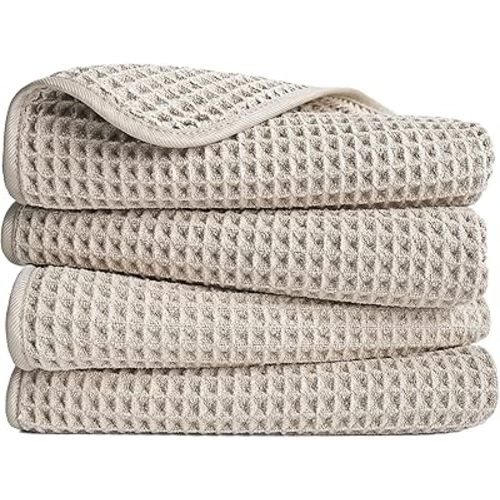 POLYTE Microfiber Lint Free Hand Towel, 16 x 30 in, 4 Pack (Beige, Waffle Weave)
