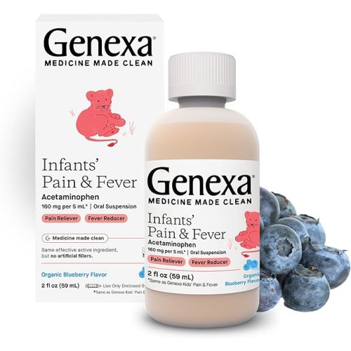 Genexa Infants’ Pain and Fever Reducer | Baby Acetaminophen, Dye Free, Liquid Oral Suspension Medicine for Infant | Delicious Organic Blueberry Flavor | 160 mg per 5mL | 2 Fluid Ounces - 2 Fl Oz (Pack of 1)