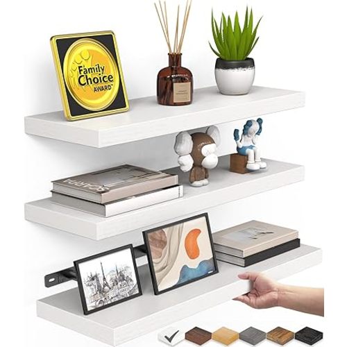 BAYKA White Floating Shelves for Wall – Rustic Wood Wall Shelves with Metal Brackets for Bathroom, Bedroom, Kitchen, or Living Room Decor Organization – Set of 3, Sturdy Storage with 22lb Capacity