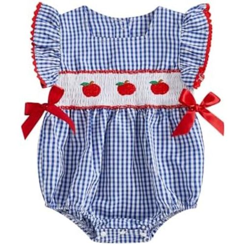 Baby Girl Back to School Outfit Apple Sleeveless Smocked Bubble Romper Jumpsuit Onesie Infant Girl Outfits Clothes