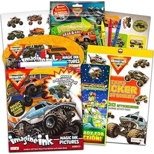 Monster Jam Ultimate Coloring Book Set for Kids ~ Activity Bundle with Monster Jam Imagine Ink, Mini Coloring Book, 100+ Stickers, Door Hanger and More (Monster Jam Party Favors)