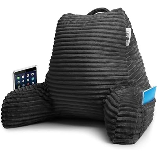 Nestl Reading Pillow for Bed Adult – Back Pillow for Sitting in Bed, Standard Plush Bed Pillows for Sitting Up in Bed, Shredded Memory Foam Bed Chair Pillow with Arms and Pockets, Grey Bed Rest Pillow