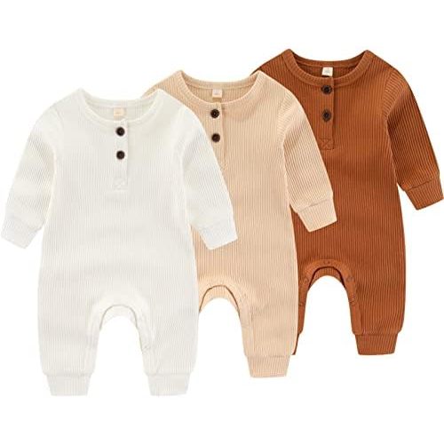 Newborn Baby Boys Girls One Piece Romper With Mitten Cuffs 3 Pack Long Sleeve Ribbed Button Jumpsuit Outfit Clothes