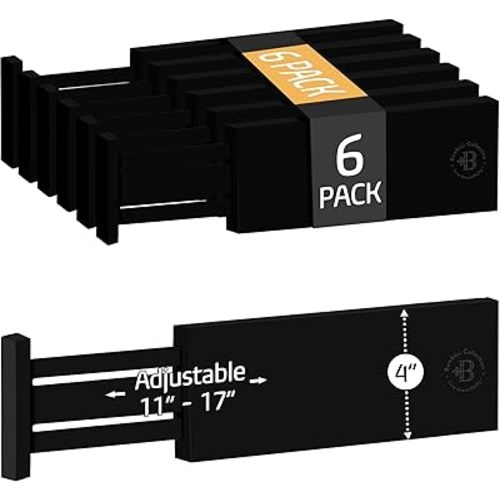 6 Pack Drawer Dividers 4 Inch High, 11”-17" Adjustable Bamboo Organizers Large Expandable Drawer Separators for Cloths, Dresser, Bedroom, Bathroom, Baby Drawer, Office & Kitchen Utensils (Black)