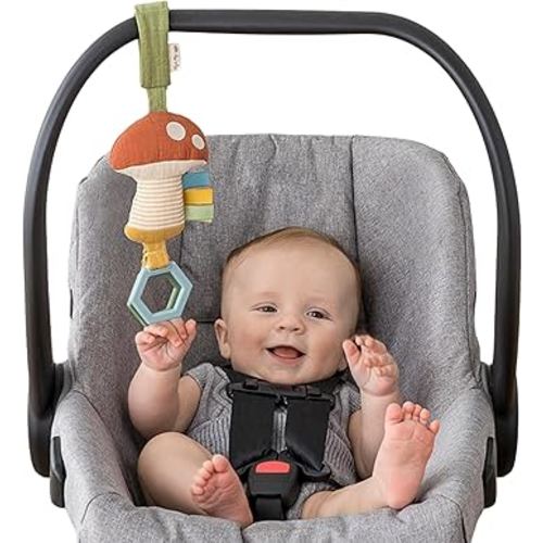 Itzy Ritzy Jingle Travel Toy for Stroller, Car Seat or Activity Gym - Baby Hanging Toy Features Jingle Sound, Clinking Rings & Adjustable Attachment Loop (Mushroom)