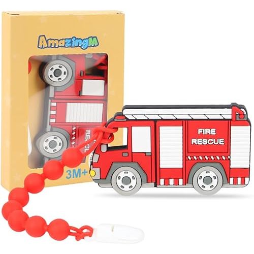 Baby Food Grade Silicone Carrier Vehicle Teether Toy with One Piece Design Pacifier Clip Holder,Teething Pain Relief Toys Gift Set for 3 Months+ Boys and Girls,Freezer Safe,BPA Free. (Fire Truck)