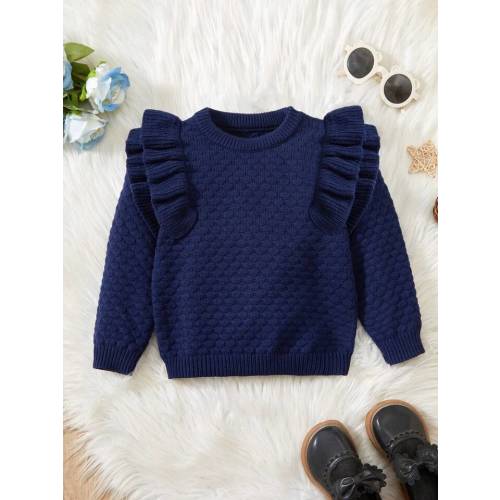 Baby Girl Casual Vintage Brown Ruffle Hem Pullover Sweater (black/blue)