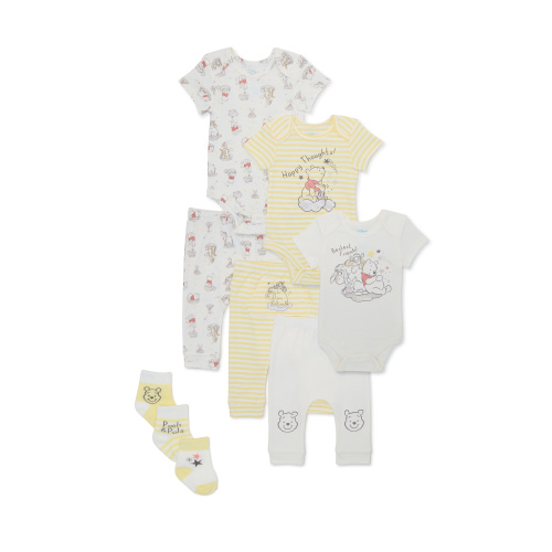 Disney Baby Wishes + Dreams Baby Boys and Girls Unisex Winnie The Pooh Bodysuits and Pants Outfit Set, 9-Piece, Newborn-12 Months