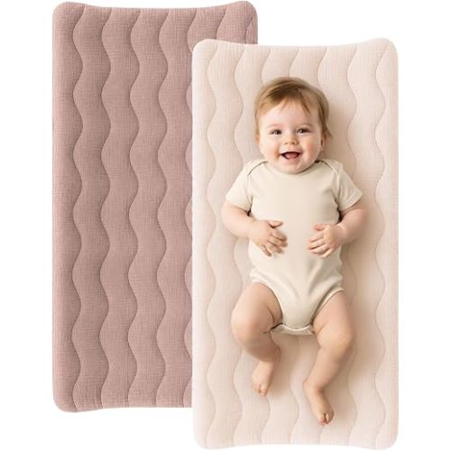Konssy 2 Pack Quilted Muslin Changing Pad Cover, Waterproof Layer 32" x 16"
