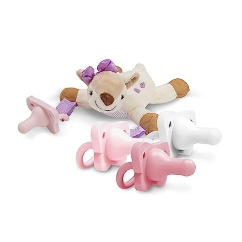 Dr. Brown’s HappyPaci 100% Silicone Baby Pacifier 0-6m, BPA Free 4-Pack with Lovey Soft Plush Animal Teether Holder, Deer - Pink & Deer - 4 Count (Pack of 2)