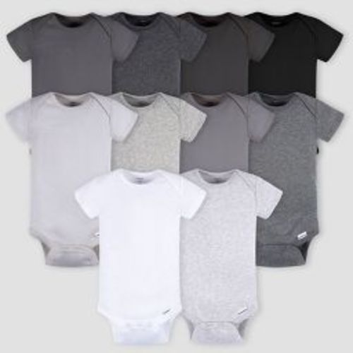 Gerber Baby 10pk Short Sleeve Onesies - Black/Gray/White 6-9M: Cotton Bodysuits, Adjustable Snap Closure, Machine Washable
