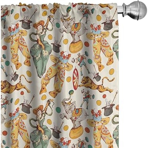 Ambesonne Circus Window Curtains, Vintage Clown and The Wand Doing a Trick Doodle Style Design Funny Design, Lightweight Decor 2-Panel Set with Rod Pocket, Pair of - 28" x 84", Cream Yellow