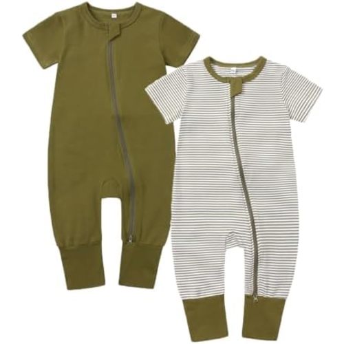 Feidoog Toddler 2 Pack Baby Zipper Rompers Cotton Short Sleeve One Piece Jumpsuit Outfits