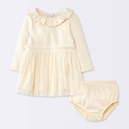 Baby Girls' Ruffle Ribbed Tulle Dress - Cloud Island™ Cream 12M