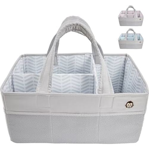 MIGHTY MONKEY Oversized Stain Resistant Baby Diaper Caddy Organizer with Handle, Adjustable Mesh Storage Bin Compartments for Diapers, Baby Wipes, Newborn Changing Table Nursery Essentials, Gray
