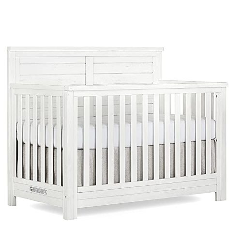 Evolur Belmar Flat 5-in-1 Convertible Crib in Weathered White, Features 3 Mattress Height Settings, Greenguard Gold Certified, Made of Kiln-Dried Hardwood