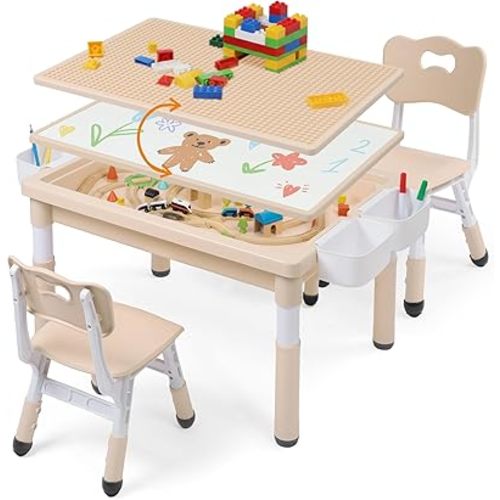 Kids Table and Chairs Set Large Storage, Height Adjustable Toddler Activity Table and 2 Chairs Set, 34.6x24.8" Graffiti/Block Building Desktop, 4 Side Boxes, Kids desk for Home, Preschool, Classroom
