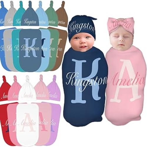 Custom Personalized Baby Swaddle and Hat Headband for Girls and Boys with Name - Custom Baby Blankets for Girls and Boys with Name