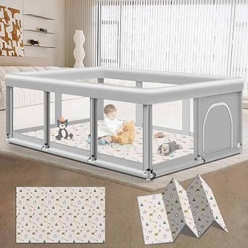 Large Baby Playpen with Mat, 74" ×50", Large Play Yards Indoor & Outdoor, Sturdy Safety Baby Play Pen with Soft Breathable Mesh, Toddlers Play Pen with Anti-Slip Base, Mat Included