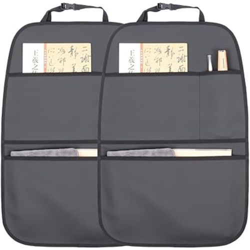 Kick Mat Back Seat Protector Waterproof Leather Car Seat Back Organizers Cover with 3 Storage Pockets for Kids Pets SUV Sedan Minivan Truck Car Travel Accessories (Black 2-Pack)
