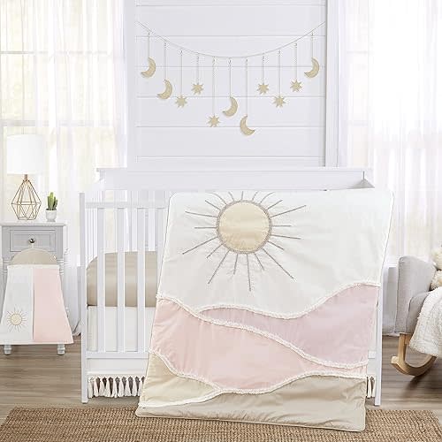 Sweet Jojo Designs Boho Desert Sun Baby Girl Nursery Crib Bedding Set - 4 Pieces - Blush Pink Mauve Gold Ivory Taupe Bohemian Mountains Southwest Nature Outdoors Tassel Minimalist Cotton Geometric