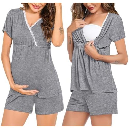 SWOMOG Maternity Nursing Pajamas Set 2 PCS Breastfeeding Sleepwear Short Sleeve Top & Shorts Pregnancy Pjs Postpartum Set
