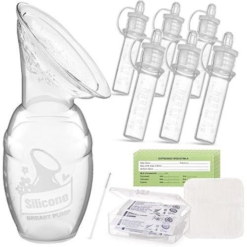 haakaa Gen.1 Manual Breast Pump 100ml/4oz. & 4ml Colostrum Collectors (6pcs) Combo - Liquid Gold Collection Set, Flexible & Soft Silicone Breast Milk Collector with Ready-to-use Colostrum Syringe