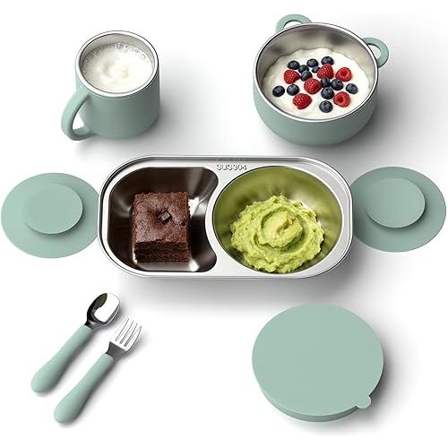 Toddler Plates and Bowls Set Stainless Steel Feeding Set with Suction, Detachable Baby Bowls, Kids Plates, Cup & Utensils, Baby Feeding Essentials for Self Feeding, Dinnerware Set, Sage
