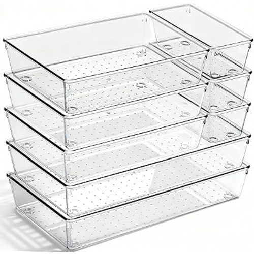 8 Pack Large Clear Plastic Drawer Organizer Bins - Acrylic Bathroom Drawer Organizer Trays - Heavy Duty Kitchen Drawer Dividers for Utensils - Non-Slip Storage Bins for Makeup, Bedroom, Office Desk