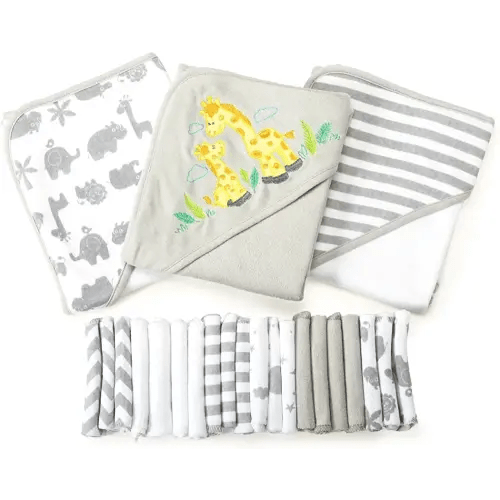 Spasilk Bath Hooded Towels & Washcloths Set for Babies, 23-Piece Gift Set, Grey, (Gift GBA23 0501)