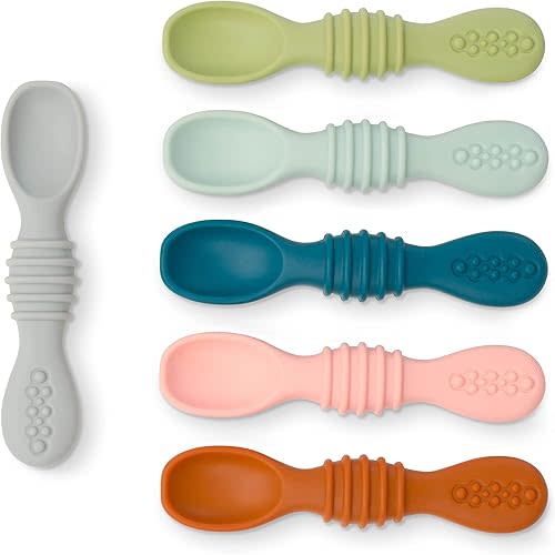 Simka Rose Silicone Baby Spoons Self Feeding 6 Months - First Stage Infant Spoons for Babies & Toddlers- Baby Led Weaning Spoons Set of 6- Easy on Gums Food Training Utensils Dishwasher Microwave Safe