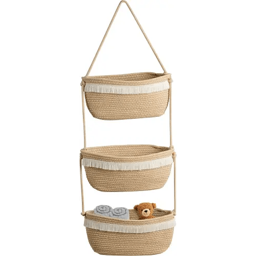 Over The Door Organizer Hanging Basket for Nursery Decor Stuffed Animal Storage Baskets Boho Wall Decor Basket for Bathroom Bedroom Playroom - Beige