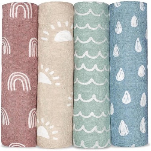 Muslin Swaddle Blankets Neutral Receiving Blanket for Boys and Girls by Comfy Cubs, Color: Sun, rainbow, rain, doodle