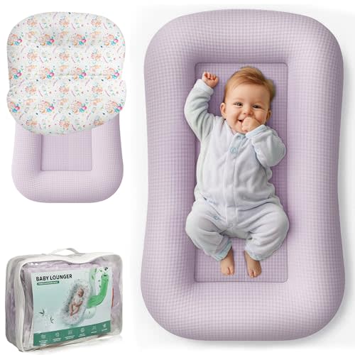 Baby Lounger for Newborn - Infant Lounger 0-24 Months with Lounger Cover, Cooling Baby Nest Lounger, Breathable Waffle Fabric & 3D Support, Portable Newborn Essentials, Pink