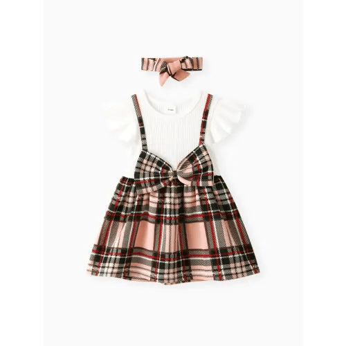 2pcs Baby Girl 95% Cotton Ribbed Flutter-sleeve Splicing Plaid Bowknot Dress with Headband Set Only $9.99 PatPat US Mobile