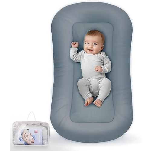 Baby Lounger - Baby Lounger for Newborn, Infant Lounger for Home and Travel, Soft Cotton, Newborn Babies Essentials Gifts, GrayishBlue