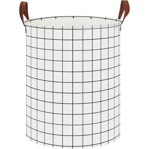 CLOCOR Collapsible Round Laundry Hamper/Large Storage Basket/Room Decor (White check)