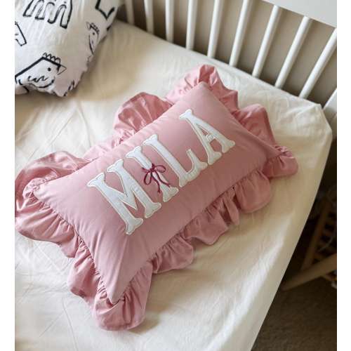 12x20 in Personalized Applique Name and Monogram Pillow Cover, Bow, Ruffled Cushion