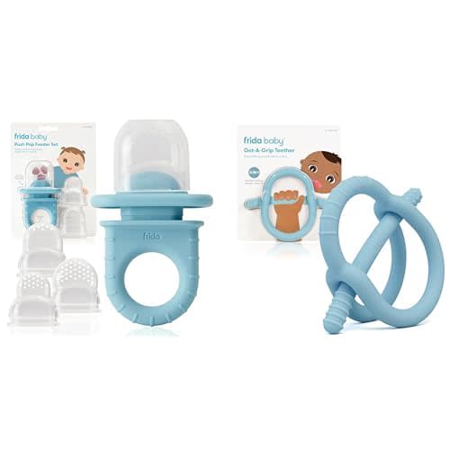 Frida Baby Push Pop Feeder, Baby Fruit Feeder + Get-A-Grip Teether Teething Toy | 100% Food-Grade Silicone Food Pacifier & Teether Toy for Baby 0-6, 12, 18 Months Infant, (Blue) - Muted Blue Teether + Feeder