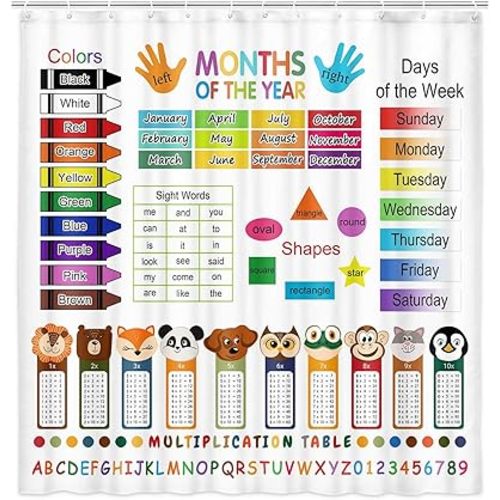 ABC Educational Shower Curtain for Kids, Learning Shower Curtain Baby Kids Cartoon Theme Fabric Bathroom Decor Sets with Grommets and Hooks,Multiplication Table Shower Curtain, Colorful