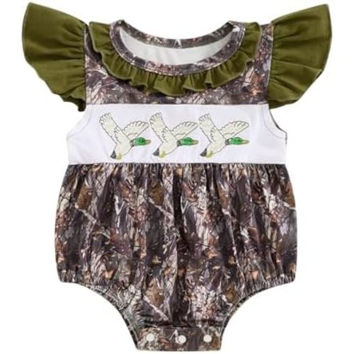 Pudcoco Infant Baby Girls Clothes Ruffle Romper Embroidery Mallard Duck Camo Bodysuit Hunting Outfit